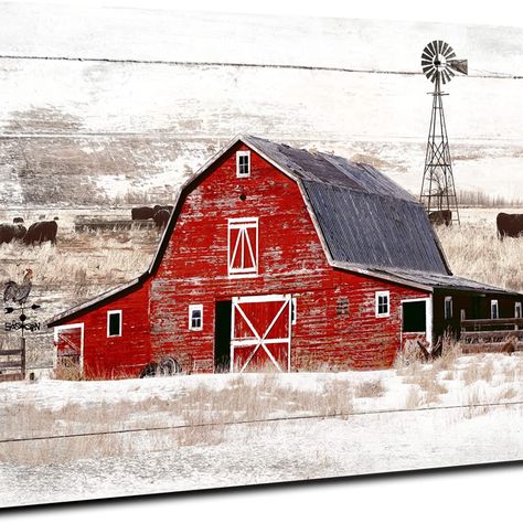 Red Barn Wall Art Rustic Farmhouse Barn Wall Decor, Windmill Country Yak Old Barn Canvas Picture Framed Artwork Wood Texture Print Painting Decoration for Home Living Room Bedroom Ready to Hang 16x24 Red Barn Painting, Windmill Landscaping, Artwork Wood, Windmill Wall Decor, Farmhouse Pictures, Canvas Picture Frames, Barn Wall Art, 2024 Art, Barn Pictures