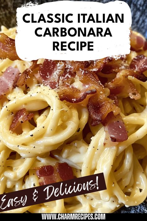 Discover the authentic taste of Classic Italian Carbonara featuring crispy bacon, perfectly cooked spaghetti, and a creamy sauce that ties it all together. This traditional pasta dish is quick to make, using just a handful of ingredients, like eggs and cheese, resulting in flavors that make it a comforting favorite. It's a fantastic choice for dinner parties or cozy nights in. Improve your cooking skills and impress family and friends with this easy recipe. Get ready for a delicious Italian meal that will become a staple in your kitchen! Easy Bacon Carbonara Pasta, Turkey Bacon Carbonara Pasta, Carbonara Pasta Healthy, Homemade Italian Dinner, Pasta And Bacon Recipes Easy Dinners, Carbonara Pasta Bacon, Carbonara Recipe With Egg, Authentic Pasta Carbonara, Pasta Dishes With Bacon