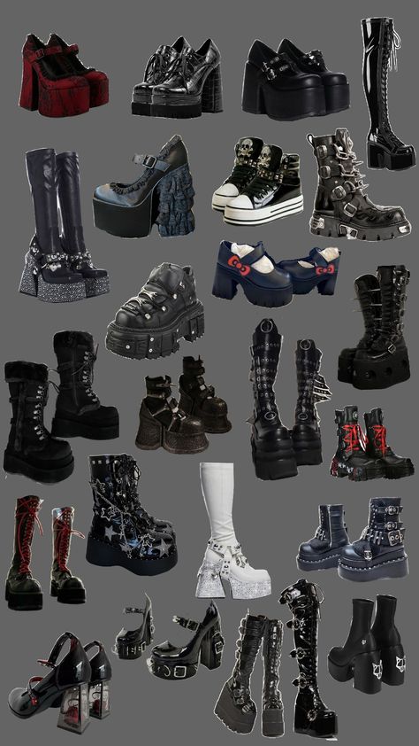 #shoes #punk #goth #gothic #boots Shoes Gothic Style, Goth Black Boots, Thick Boots Outfit, How To Style Chunky Shoes, Gothic Boots Outfit, Goth Shoes Drawing, Cute Goth Shoes, Romantic Goth Shoes, Boots Names