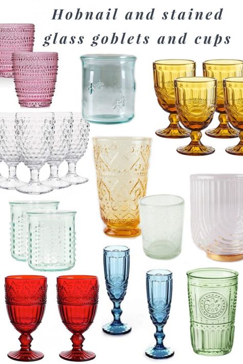 Stained Glass Cups, Glass Cups Wedding, Tinting Glass, Hobnail Glassware, Bee Cup, Dream Cafe, Scratch Cooking, Colored Cups, Vintage Goblets