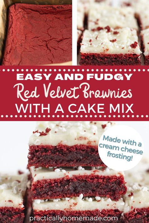 Easy and Fudgy Red Velvet Brownies with a Cake Mix: Everyone loves a good brownie and these brownies are particularly amazing. If you’re a fan of red velvet, and most people are, you’ll love this recipe! It’s so easy to make and the flavor is so good. Top your brownies with a cream cheese frosting for extra decadence! Cake Mix Red Velvet Brownies, Red Velvet Brownies Cake Mix Easy, Red Velvet Cheesecake Brownies From Box Cake Mixes, Red Velvet Brownie Poke Cake, Red Velvet Cake Mix Recipes Easy, Red Velvet Brownies With Cream Cheese, Red Velvet Brownies From Box Cake Mixes, Red Velvet Cake Mix Recipes, Fluffy Vanilla Cupcake Recipe