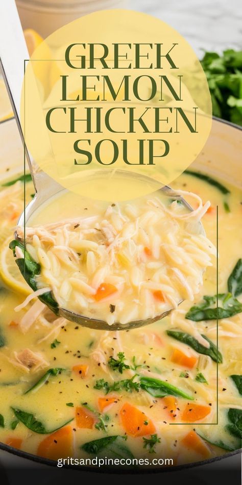 Plan dinner tonight with this easy recipe for a warm and cozy bowl of soup! This Greek lemon soup with chicken and orzo is also called Avgolemono, and it is made with the irresistibly delicious flavors of fresh lemon, juicy chicken, spinach, and orzo pasta. This is the ultimate comfort food, and the perfect dish for a cold winter night! Spinach And Orzo, Greek Lemon Soup, Lemon Orzo Soup, Chicken And Orzo, Orzo Soup Recipes, Avgolemono Soup, Greek Lemon Chicken Soup, Soup With Chicken, Lemon Soup