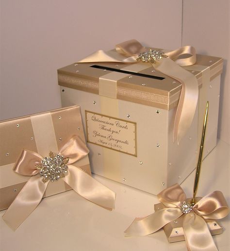 Quince Card Box Ideas, Quince Money Box Ideas, Champagne Quinceanera Theme, Gold Quinceanera Theme, Quince Decor, Quince Themes, Champagne Quinceanera Dresses, Money Box Wedding, Quince Invitations