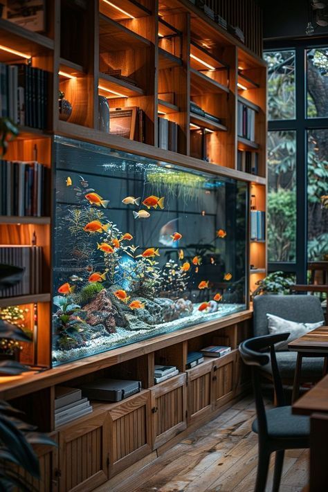 Modern Aquarium Designs to Elevate Your Living Room

Looking for **small studio apartment ideas**? Enhance your **home décor** with stylish aquarium setups that bring a **warm home aesthetic** and elevate your **living room decoration**. #ApartmentDecor #AquariumInspiration Library With Aquarium, Fish Tank Interior Design, Unique Aquarium Decor, Bookshelf Fish Tank, Office With Fish Tank, Home Fish Aquarium, Living Room Aquarium Ideas, Unique Library Design, Aquarium Fish Tank Living Rooms