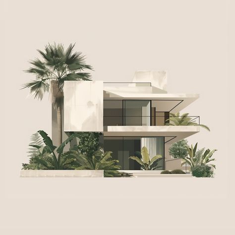 🌴 What is your fav sample? 1, 2, 3, or 4? For these samples I experimented with a fully illustrated style and tropical vegetation. I really liked the results: minimalist and aesthetic 🤌🏻 Minimalist Villa Design, Tropical Minimalist House, Minimalist House Exterior, Minimalistic Architecture, Tropical Vegetation, Tropical Villa, Modern Tropical House, Houses Architecture, Architecture Aesthetic