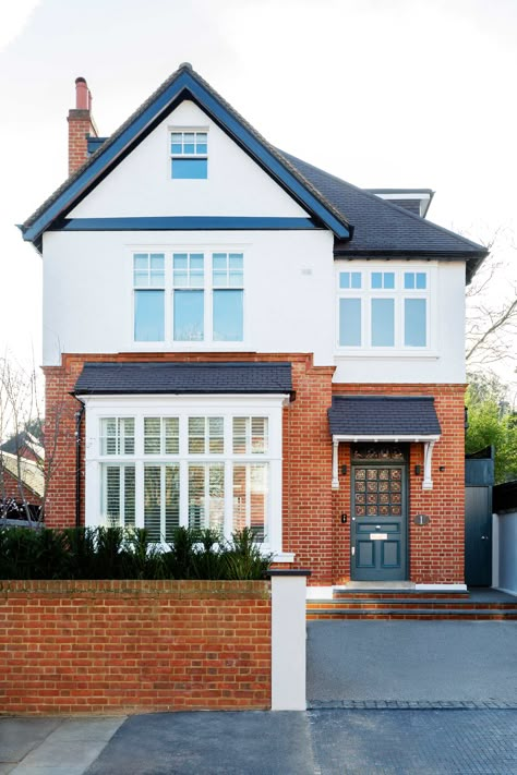 British Style House Exterior, London Detached House Exterior, 1930s House Frontage, 1930s Detached House Extension, British Family Home, House Front Colour Ideas, Half Brick Half Render House, Cute Family Home Exterior, British New Build House