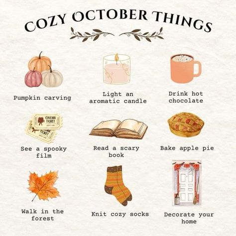 Happy October 🎃What’s something you’re planning to do or what’s something you definitely won’t do this month?  I am pretty sure I’m not going to bake a pie or watch a scary movie.
Please leave a comment.  🎃 Cozy Fall Aesthetic Witchy, Cozy October, October Leaves, Witchy Fall, Books Halloween, October Aesthetic, Oc California, Fall Cottagecore, Spooky Ideas