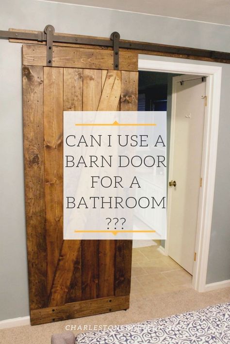 Can I use a barn door for a bathroom? Everything you need to know about barn doors and whether they will work in your space. #charlestoncrafted #barndoor #barndoors #bathroom #diy Bathrooms With Barn Doors, Barn Door To Bedroom, Bath Doors Ideas, Barn Door In Bedroom Master Bathrooms, Locking Barn Door Bathroom, Barndoor Bedroom Door, Locking Barn Door, Sliding Barn Door For Bathroom, Barn Door For Bathroom Master Bath