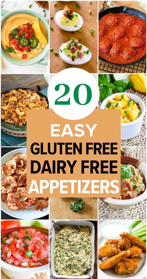 20 Easy Gluten Free Dairy Free Appetizers and Snacks - Looking for easy gluten-free dairy-free appetizers and snacks? These easy recipes have you covered with finger foods that use few ingredients and simple, homemade recipes that are minimal effort but amazingly delicious. From crackers and dips to meatballs, chicken wings and seafood, you'll find healthy snacks and appetizers that are full of flavor and perfect for your next party. Appetizer Recipes Dairy Free Gluten Free, Dairy Free Game Day Snacks, Easy Party Food Dairy Free, Gf And Df Appetizers, Gluten Free Vegan Snacks For Party, Gluten And Dairy Free Appetizers Christmas, Gluten Free Dairy Free Snack Ideas, Gluten And Dairy Free Football Party Food, Easy Gluten And Dairy Free Snacks