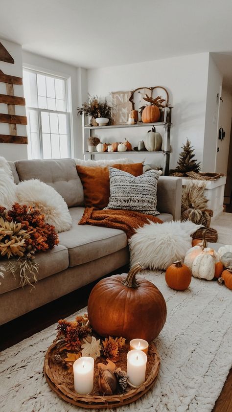 Transform your home with fall decor ideas for the cozy and DIY enthusiast Discover fireplace neutral moody Dollar Tree indoor subtle pink rustic black and white and craft inspirations to create a warm and inviting atmosphere Rustic Fall Fireplace Decor, Cute Fall Decorations Indoor, Fireplace Home Decor, Black And Brown Fall Decor, Fall Decor Blue Couch, Home Decor Ideas Halloween, Blue Themed Living Room Ideas, Autumn Halloween Decor, Fall Decorations Aesthetic