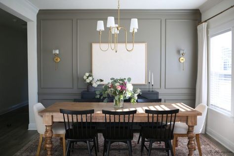 Dining room - The Simple Cozy Haven Dining Room With Painted Ceiling, Dining Room Box Trim, Best Paint Colors For Dining Room, Dining Room Trim Wall, Moody Traditional Dining Room, Dining Room Modern Traditional, Dark Paint Dining Room, Dinning Room Paint, Office Paneling