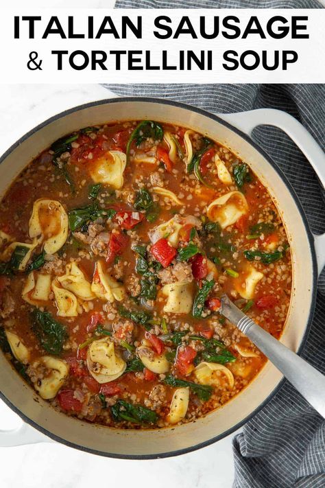 Italian Sausage and Tortellini Soup Tortillini Soup, Tortellini Soup With Spinach, Sausage And Tortellini Soup, Sausage Vegetable Soup, Italian Sausage Soup Recipe, Italian Sausage Tortellini Soup, Sausage And Tortellini, Soup With Spinach, Spinach Soup Recipe