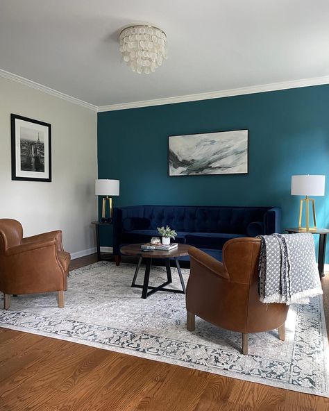 Accent walls can transform a room instantly! They add depth, personality, and visual interest to your space, creating a focal point that draws the eye and enhances the overall ambiance. Elevate your decor with the power of accent walls! ✨ Design: @colorandcrownid Teal Basement Walls, Teal Painted Walls Living Room, Turquoise Accent Wall Living Room, Teal Blue Accent Wall, Teal Feature Wall Living Room, Teal Accent Wall Living Room, Turquoise Walls Living Room, Teal And Grey Living Room, Kings Bedroom