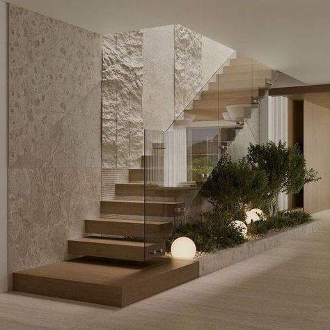 Contemporary Villa Interior Design, Floating Wood Staircase, Travertine Interior Design, Staircase Design Wall, Villa Stairs Design, Stair Case Ideas, Staircase Wall Design Modern, Modern Minimalist Staircase, Wedding Hall Design