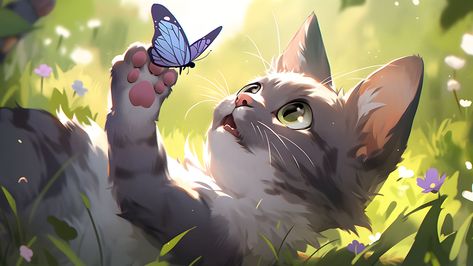 Cat Plays with a Butterfly Desktop Wallpaper - Animals Wallpaper 4k Desktop Wallpaper Animals, Butterfly Desktop Wallpaper, Cat Desktop Wallpaper, Cat And Butterfly, Cool Desktop Wallpapers, Facebook Background, Pc Desktop Wallpaper, Wallpaper Animals, Rabbit Wallpaper