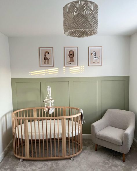 Green Half Panel Wall, Two Color Nursery Walls, Green Accent Nursery Wall, Shiplap Window Wall, Nursery Green Panelling, Nursery Batten Board, Overtly Olive Nursery, Half Wall Painted Nursery, Nursery With Wall Paneling