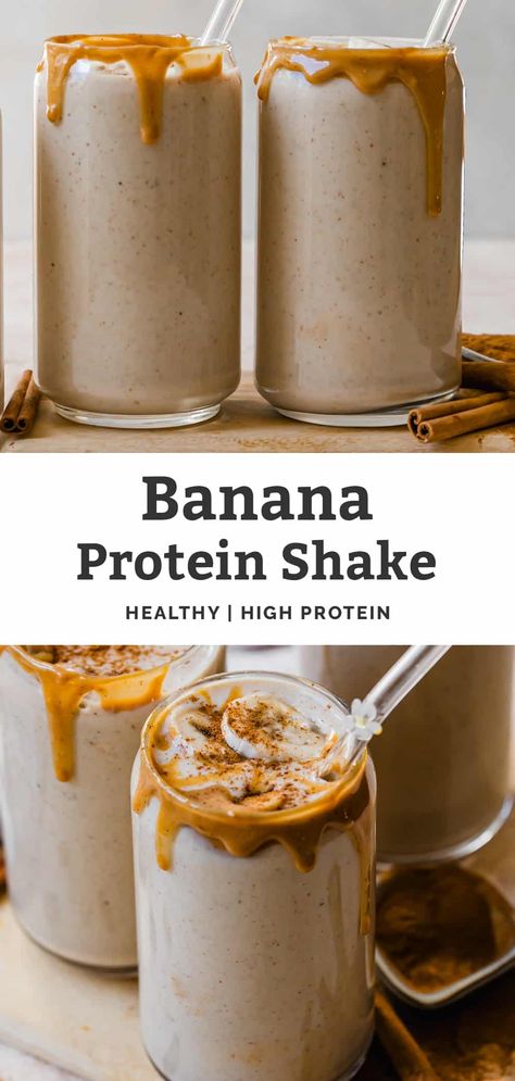 This Banana Protein Shake is like drinking an old-fashioned banana milkshake, but healthy! It's made with frozen bananas, yogurt, protein powder, nut butter, milk, warm spices, and vanilla. Great for post-workout fuel or on-the-go mornings. High protein, gluten free, vegan friendly. #bananaproteinshake #proteinshakerecipes Coconut Cream Protein Shake, Banana Nut Protein Shake, Banana Pudding Protein Shake, Protein Drinks Recipes, Protein Shake Recipes Fat Loss, Gluten Free Protein Shakes, Vanilla Protein Shake Recipes, Yogurt Protein Powder, Protein Shakes For Kids