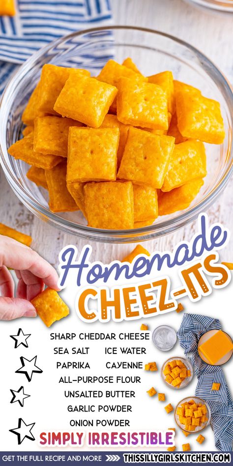 Looking for an alternative to store-bought crackers? Our Homemade Cheez Its are easy, cheesy, and irresistible. Ever since I was a kid, cheese crackers have been my favorite snack. These baked crackers are just like the original, Homemade Cheez Its for the win! Wic Snacks, Cheez It Recipe, Cheez Its, Homemade Cheez Its, Homemade Crackers Recipe, Resepi Biskut, Baked Crackers, Toddler Recipes, Homemade Crackers