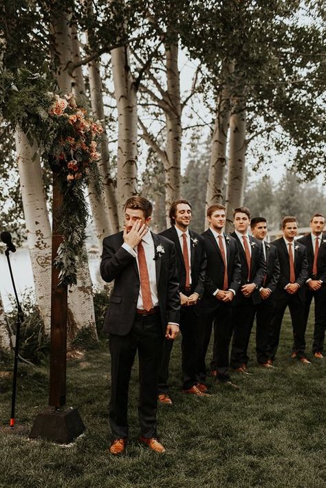 Fall Groomsmen Ideas, Dark Grey Suit Fall Wedding, Terracotta And Copper Wedding, Groom Attire Terracotta, Black Tux With Copper Tie, Black And Rust Groomsmen Attire, Fall Bridal Party Colors Grooms, Black And Terracotta Groomsmen, Cinnamon And Eucalyptus Wedding