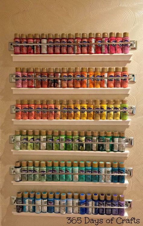 Take a look at this fun craft room tour by 365 Days of Crafts! This 6-tier paint storage is a thing of beauty! Fabric Stash Storage, Rangement Art, Craft Paint Storage, Paint Bottles, Art Studio Organization, Art Studio Room, Marker Storage, Dream Craft Room, Craft Room Design