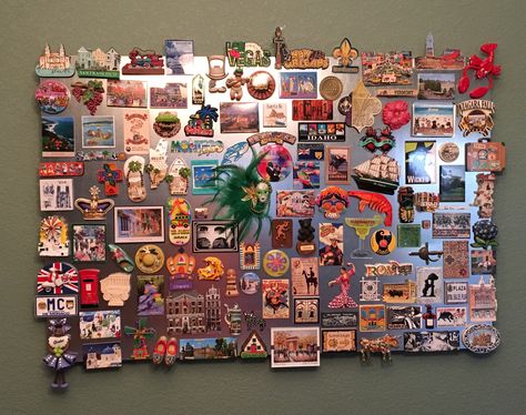 Travel magnets Travel Magnet Board Ideas, Display Magnets Collection, Travel Magnets Display Ideas, How To Display Travel Magnets, Travel Magnet Display Ideas, World Map Magnetic Board, Magnet Board For Travel Magnets, Diy Magnet Board, Souvenir Display