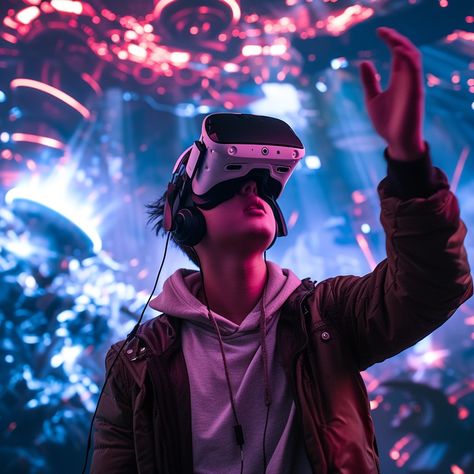 Virtual Reality Experience: Immersed in an alternate universe, the individual explores a vibrant virtual world through a VR headset. #virtual #reality #experience #immersive #technology #futuristic #glowing #lights #aiart #aiphoto #stockcake https://ayr.app/l/rHEc Futuristic Vr Headset, Virtual Reality Experience, Virtual Reality Exhibition, Vr Technology, Vr Headset Aesthetic, Future Of Technology, Immersive Technology, Extended Reality, Vr Aesthetic