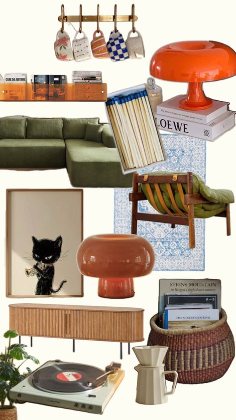 This collage blends mid-century modern style with a hipster twist, featuring a framed poster of a black cat playing the trumpet for a quirky, musical vibe. A vintage record player adds to the retro charm, while cute handcrafted artisan mugs bring a personal touch. The green furniture with wooden accents sets a cozy, natural tone, complemented by pops of orange and blue for just the right amount of color. A perfect balance of bohemian warmth and minimalist elegance, this aesthetic creates a space that's both relaxed and stylish, ideal for lovers of modern shabby chic with a hint of playfulness. Black Cat Playing, Eclectic Homes, Earthy Living Room, Modern Shabby Chic, Vintage Record Player, Retro Minimalist, Dream Apartment Decor, Bohemian House, Green Furniture