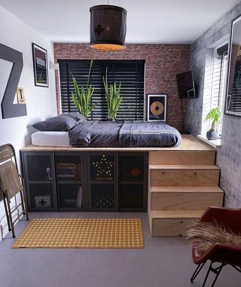 Million Ideas FB Bed In, Loft Style Bedroom, Diy Loft Bed, Small Bedroom Designs, Bedroom Setup, Platform Bed With Storage, Small Room Design, Tiny Bedroom, Bedroom Layouts