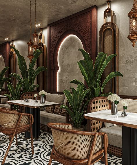 Cafe Style Interior, Traditional Style Restaurant Design, Pakistani Restaurant Interior Design, Moroccan Cafe Interiors, Indian Restaurants Interior Design, Nigerian Restaurant Interior, Modern African Restaurant Design, Indian Bar Design, Boho Theme Restaurant