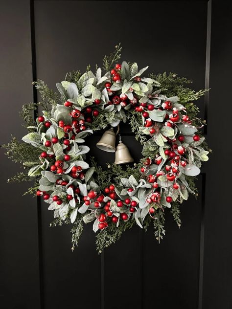 farmhouse lambs ear berry wreath Red And Silver Wreath, Winter Wedding Wreath, Holiday Wreaths For Front Door, Classic Christmas Wreath, Diy Wreaths For Front Door Christmas, Christmas Wearths Ideas, Home Made Wreaths, Red And White Christmas Wreath, Red White And Green Christmas