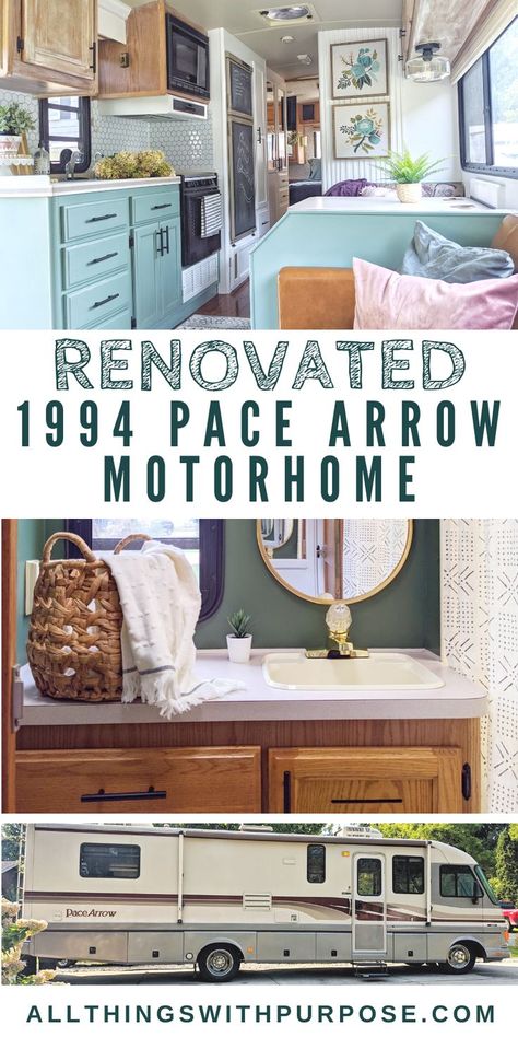 Oct 1, 2020 - This Pace Arrow Class A Motorhome has been transformed from blah 90's decor, to bright and modern! See all the renovation details! Pace Arrow Motorhome Remodel, Motorhome Renovation, Rv Updates, Motorhome Remodel, Motorhome Interior, 90s Decor, Camper Diy, Class A Motorhome, Rv Interior Remodel