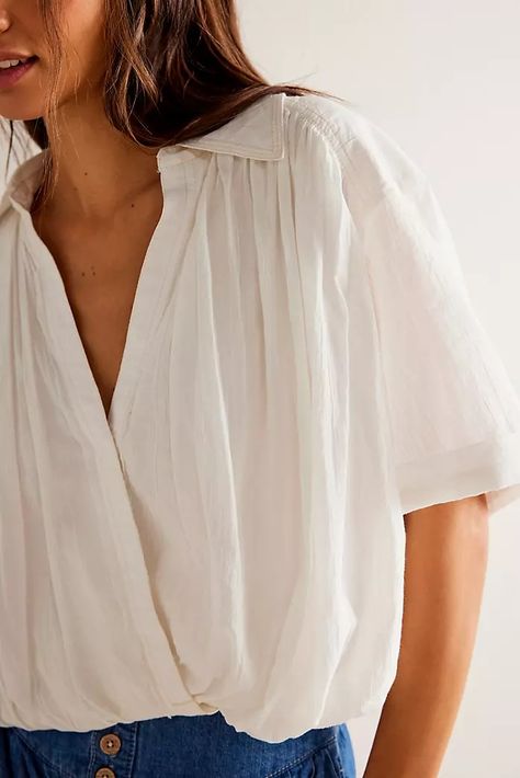 Spring's Staples: Clothing, Shoes + Accessories | Free People Linen Collared Shirt, Short Sleeve Wrap Top, Flowy Blouse Outfit, Wrap Shirt Outfit, Soft Classic Kibbe Style, White Linen Shirt Outfit Women, Elevated Basics Outfit, White Linen Shirt Outfit, Billowy Shirt