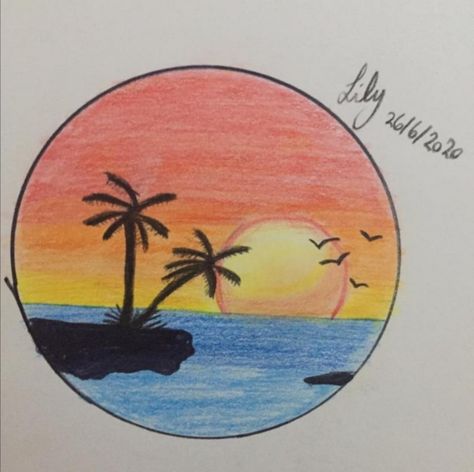 Sunrise Simple Drawing, Sunset Simple Drawing, Drawing Sunset Pencil, Sunset Drawing Easy Pencil, How To Draw A Sunset, Simple Drawing Ideas Colourful, How To Draw Sunset, Sunrise Drawing Simple, Ocean Sunset Drawing