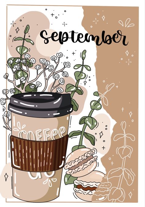 Autumn Notebook Ideas, September Notebook Ideas, September Aesthetic Drawing, Bullet Journal Ideas For September, September Journal Cover, September Drawings, Coffee Bullet Journal, September Bujo, September Journal