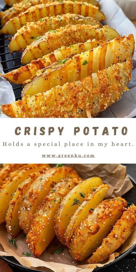 Crispy Parmesan Crusted Potato Wedges: A Family Favorite Ingredients: 3 large yellow potatoes 60 grams Panko breadcrumbs 1 teaspoon salt ½ teaspoon black pepper 1 teaspoon paprika ½ teaspoon garlic powder 30-40 grams grated Parmesan cheese 50 grams olive oil 3 cloves garlic, minced #Crispy #Potato Extra Crispy Parmesan Crusted Potatoes, Panko Potatoes, Low Calorie Food Ideas, Parmesan Crusted Potato Wedges, Yellow Potatoes Recipes, Potatoes For Dinner, Potato Side Dishes Easy, Parmesan Potato Wedges, Crispy Parmesan Potatoes