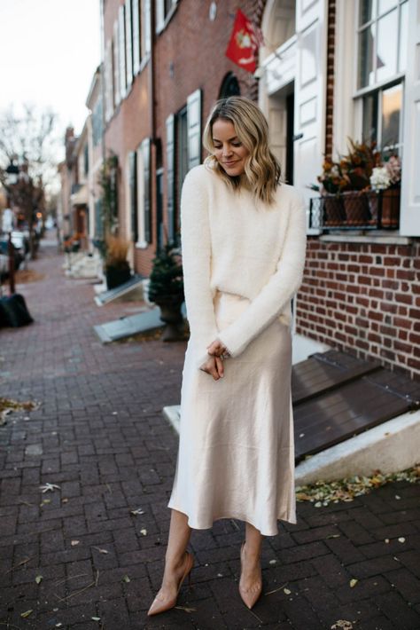 Wedding Dress And Sweater, Engagement Sweater Dress, Winter Dress Rehearsal Outfit, Outfit Inspo Winter Dress, Bridal Skirt And Sweater, Sweater Dress 2022, Bridal Winter Outfit, White Party Dress Winter, Satin Dress And Sweater Outfit