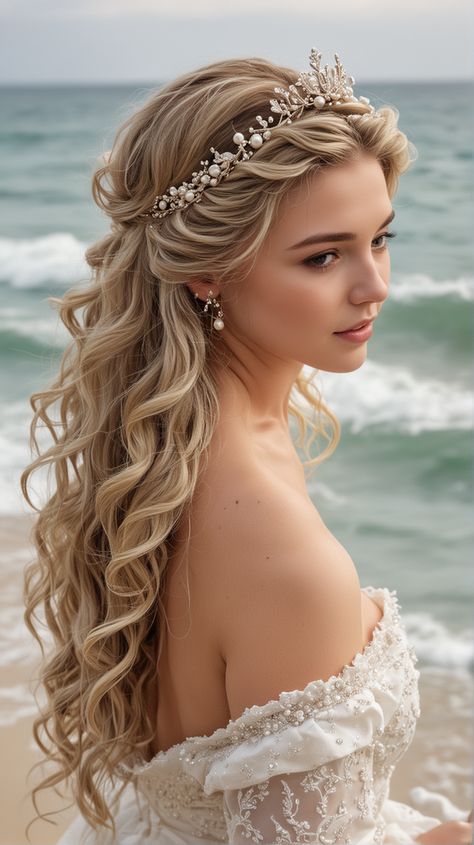 Wedding Hairstyles With Beads, Brides Long Hair Styles, Long Hair Wedding Hairstyles Down, Goddess Wedding Hairstyles, Cinderella Wedding Hairstyles, Wedding Face Veil, Romantic Hairstyles For Long Hair Wedding, Bride With Long Hair, Wedding Hairstyles Long Hair With Veil