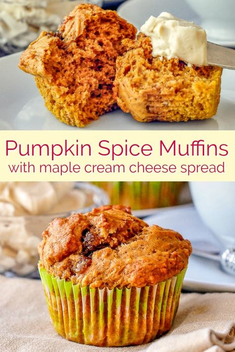 Pumpkin Spice Muffins with Maple Cream Cheese. Fragrantly spiced, moist pumpkin muffins with a sweet and creamy maple cream cheese spread. #breakfast #brunch #muffinrecipes #sundaybrunch #weekend #weekendvibes Moist Pumpkin Muffins, Maple Cream Cheese, Cream Cheese Spread, Rock Recipes, Spice Muffins, Pumpkin Spice Muffins, Maple Cream, Muffin Cake, Cream Cheese Spreads