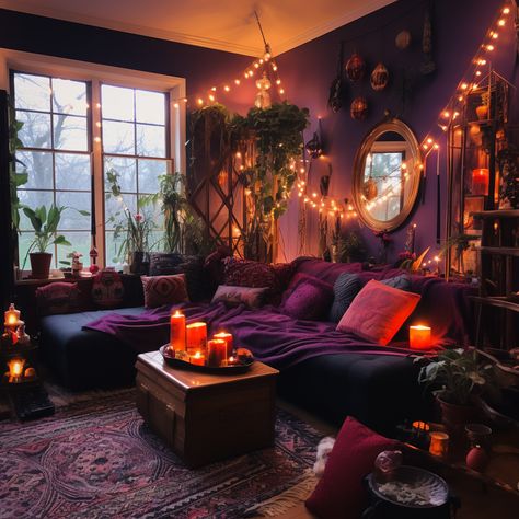 Night Aesthetic Living Room, Electric Goth Decor, Sitcom Living Rooms, Dark Eclectic Home Decor, Chill Living Room Ideas, Dark Orange Room Aesthetic, Whimsical Gothic Living Room, Grunge Living Room Ideas, Witchy Aesthetic Living Room