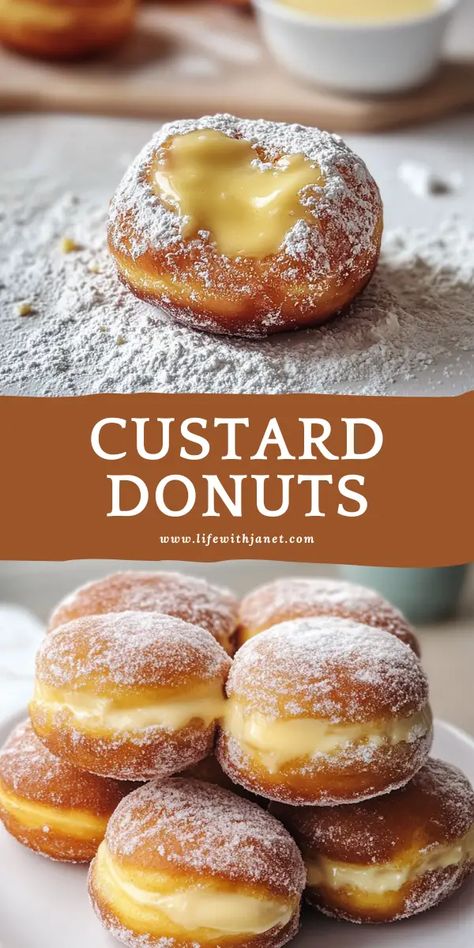 Donut custard Recipe Raised Doughnut Recipe, Bombolini Donut Recipe, Air Fried Donut Recipes, Baked Donuts With Donut Pan, Custard Donuts Recipe, Home Made Donuts Recipe, Cake Doughnut Recipe, Krispy Kreme Donuts Recipe, Donuts Recipe Easy