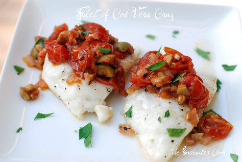 The Enchanted Cook: Filet of Cod Vera Cruz Vera Cruz Sauce, Cod Filets, Vera Cruz, Cracked Pepper, Low Carb Paleo, Green Olives, Grape Tomatoes, Easy Salads, Fish Recipes