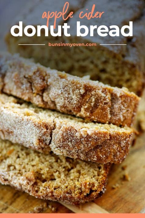 Baked Bread Desserts, Cider Donut Bread, Apple Donut Bread, Autumn Apple Bread Wreath, Apple Cider Donuts Bread, Autumn Quick Breads, Apple Cider Bread Machine Recipe, Apple Cider Loaf Bread, Apple Cider Cinnamon Bread