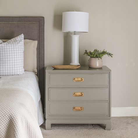 Bedroom Nightstand Makeover, Colored Bedside Tables, Dark Gray Nightstand Bedroom, Bedroom Furniture Flipping Ideas, Night Stand Paint Ideas, Restored Night Stand, 3 Drawer Dresser As Nightstand, Nightstand Paint Colors, Diy Nightstand Painting Ideas