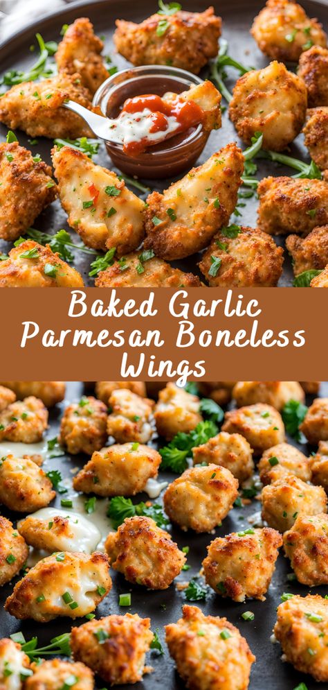 Baked Garlic Parmesan Boneless Wings | Cheff Recipes Boneless Chicken Wings Garlic Parmesan, Baked Boneless Chicken Wings, Best Recipe For Chicken Wings, Easy Boneless Wings, Skinless Chicken Wings, Easy Baked Wings, What To Serve With Wings, Garlic Parmesan Wings Sauce, Air Fryer Boneless Wings