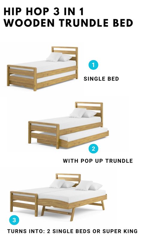 The Hip Hop Trundle Bed has a practical 3-in-1 bed design. It can function as a single, two singles, or a super-king, featuring a pull-out guest trundle bed for unexpected guests. It's crafted from solid and veneer ash wood. Transform your sleep space with this versatile and stylish trundle bed by Bensons for Beds. Read more! #guestroom #bedroom Double Bed With Pull Out Bed, King Single Trundle Bed, Single Bed Converts To Double, Trundle Bed Ideas, Wooden Small Double Bed, Single Trundle Bed With Storage, Wooden Trundle Bed, Single Trundle Bed, Bed Extension