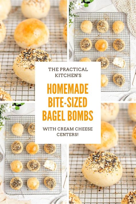 homemade bite sized bagel bombs stuffed with cream cheese Stuffed Bagel Balls, Cream Cheese Stuffed Bagel Bites, Bagel Bombshell, Cream Cheese Stuffed Bagels, Easy Bagels Recipe Homemade, Christmas Bagels, Homemade Bagel Bites, Stuffed Bagel Bites, Bagels Recipe Homemade