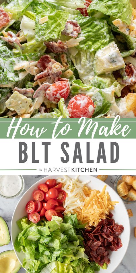 This easy chopped BLT Salad recipe is crowded with crispy lettuce, turkey bacon, juicy tomatoes, creamy avocado, cheese and homemade croutons. We toss this bacon lettuce tomato salad in a delicious creamy Ranch Dressing that makes this salad out-of-this-world delicious! Bacon Lettuce And Tomato Salad, Keto Salads For A Crowd, Different Lettuce Salads, Blt Lettuce Salad, Blt Salad Recipe Dressing, Cheap Healthy Salads, Salad In A Bag Recipes, Turkey Bacon Salad, Best House Salad Recipes