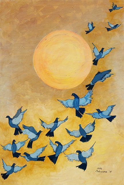 A beautiful sunset and a crowd of pigeons flying in the sky depicted well enough in this painting. Artist  - Natu Makwana Size – 24" x 36" Medium - Acrylic On Canvas www.worldarthub.com #paintings #art #Acrylic_on_Canvas #Canvas #worldart Birds In The Sky Drawing, Pigeon Flying Drawing, Flying Birds Painting, Pigeon Painting, Pigeons Flying, Drawing Sky, Dove Painting, Flying Pigeon, Fly Drawing