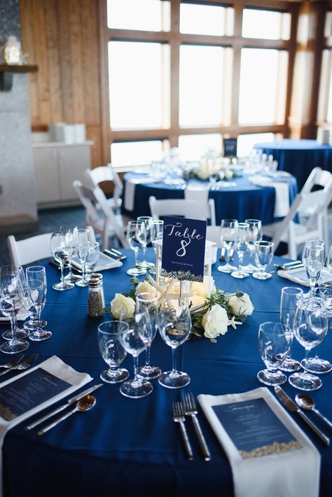 Navy Blue Centrepiece, Navy Blue Black Wedding Theme, Navy Blue Table Cloth Setting, Light And Dark Blue Table Setting, Dark Blue Wedding Table Decor, Navy Blue Wedding Reception Decorations, Navy Blue Dinner Table Decor, Navy Blue And Silver Wedding Reception, Navy Blue Head Table Wedding