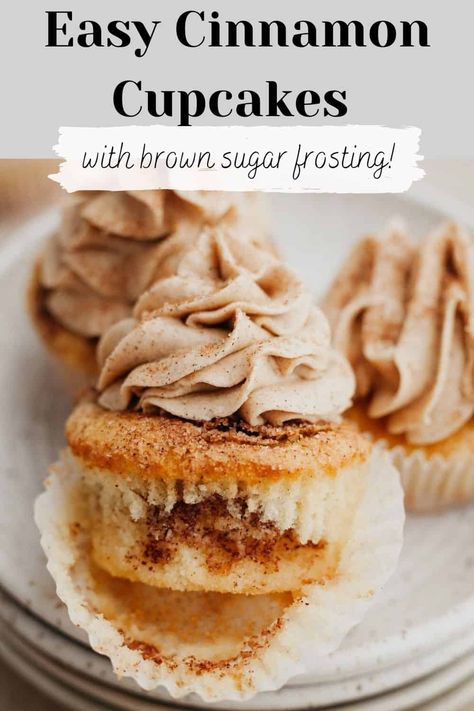 three frosted cupcakes on a white plate. Cinnamon Cupcakes Recipe, Cinnamon Swirl Cupcakes, Cinnamon Buttercream, Brown Sugar Frosting, Cinnamon Cupcakes, Swirl Cupcakes, Sugar Frosting, Brown Spots Removal, Cinnamon Recipes